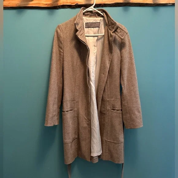 Zara mid-length tweed herringbone wool winter coat - long, oatmeal brown - Picture 2 of 16